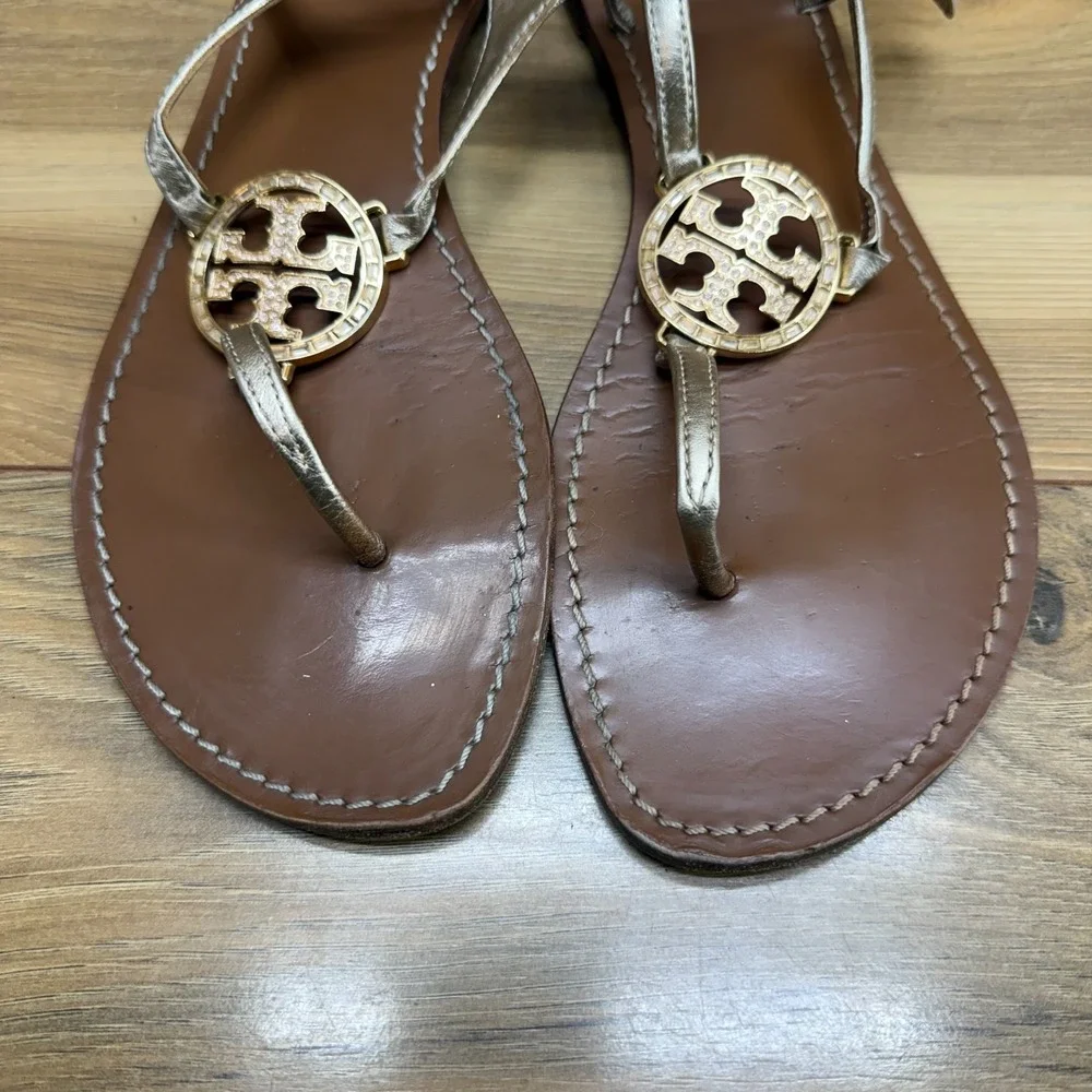 Tory Burch Gold T Strap Sandals Womens 11 M Leather Rhinestones Chic Travel